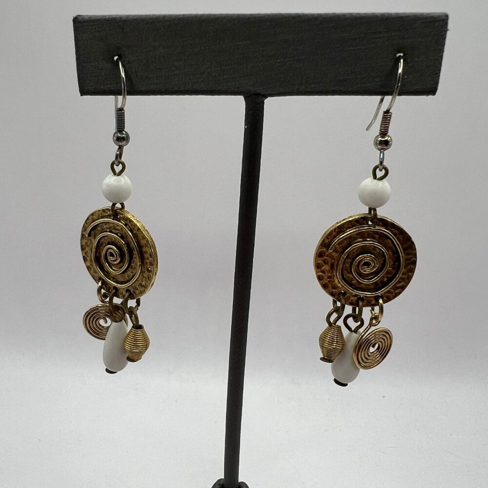 Vintage Pierced Earrings Gold‎ Tone Embellished Disk with Beads Silver Tone Wire